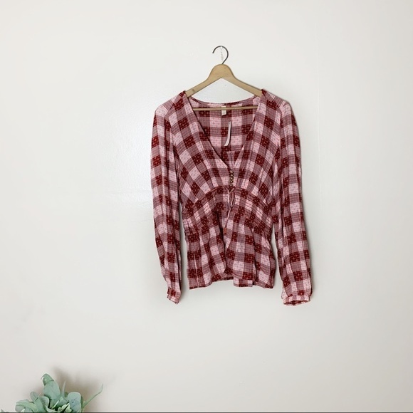 [Pilcro and the Letterpress] Red Plaid Print Long Sleeve V-neck Top - Picture 1 of 12